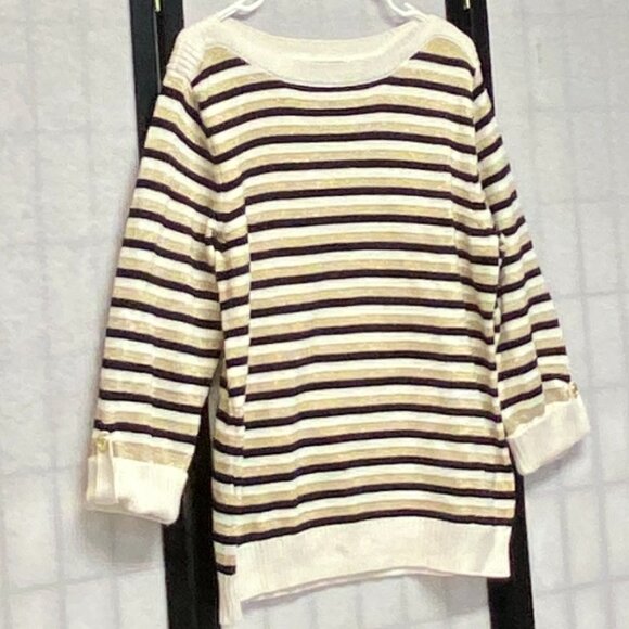 Karen Scott Wide Stripe Knit Sweater Boat Neck XL 3/4 Sleeve Metallic Gold - Picture 3 of 12